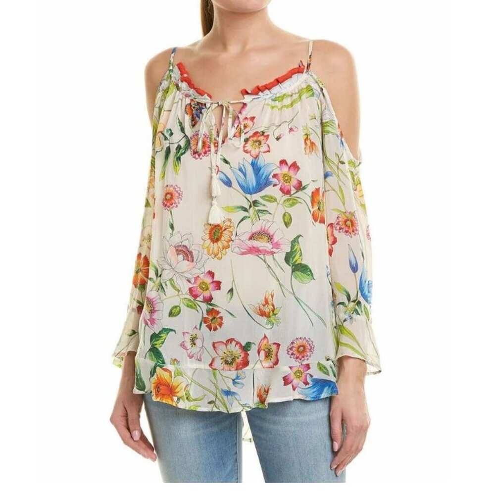 Johnny Was Fusion Floral-Print Cold-Shoulder Top